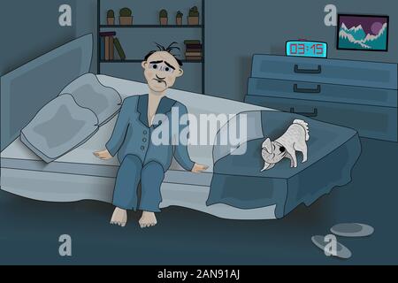 Man suffers Insomnia. Sad male mascot with insomnia symptoms. Old male sitting on a bed in the room. Insomnia, sleeplessness, sleep disorder. Vector Stock Vector