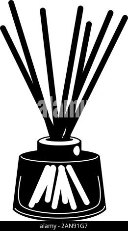 Wooden aroma sticks in glass jar glyph icon. Liquid perfume oil black silhouette. Essential air fragrance sticks aromatherapy. Spa and beauty pictogram isolated. Stock Vector