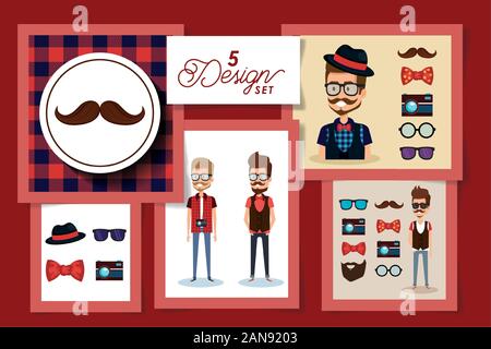 Five designs of hipsters and style men Stock Vector