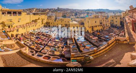 Leather dying in a traditional tannery in the city Fes, Morocco Stock Photo