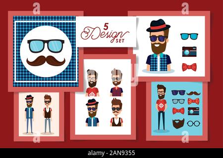 Five designs of hipsters and style men Stock Vector