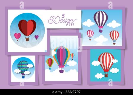 Five designs of hot air balloons and clouds Stock Vector