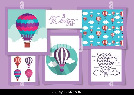 Five designs of hot air balloons and clouds Stock Vector