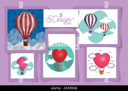 Five designs of hot air balloons and clouds Stock Vector