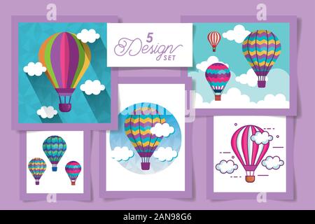 Five designs of hot air balloons and clouds Stock Vector