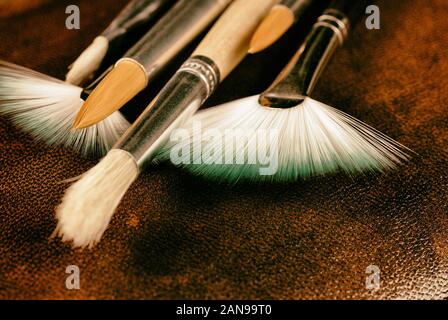 Assortment of new paintbrushes laying on brown leather
