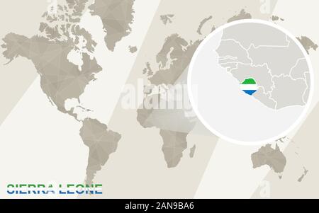 World map with magnified Sierra Leone. Sierra Leone flag and map Stock ...