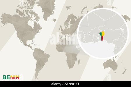 Zoom on Benin Map and Flag. World Map. Stock Vector