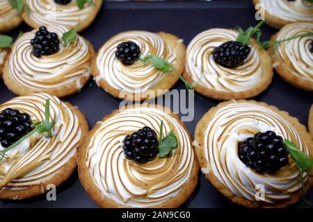Small Meringue Filled Tarts Topped with Blackberries in the Buffet at the Azul Beach Resort Hotel, Puerto Morelos, Riviera Maya, Cancun. Stock Photo