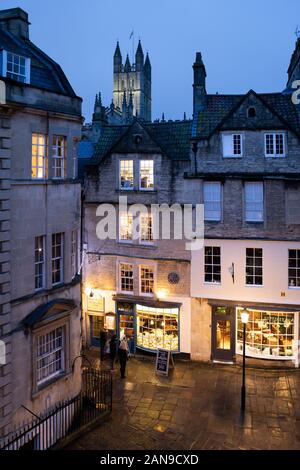 Sally Lunn's historic eating house and museum with Bath Abbey floodlit in evening, Bath, Somerset, England, United Kingdom, Europe