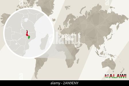 Zoom on Malawi Map and Flag. World Map. Stock Vector