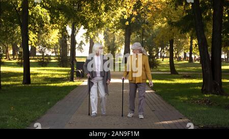 Two smiling old women talking walking in park, nursing home for elderly, leisure Stock Photo