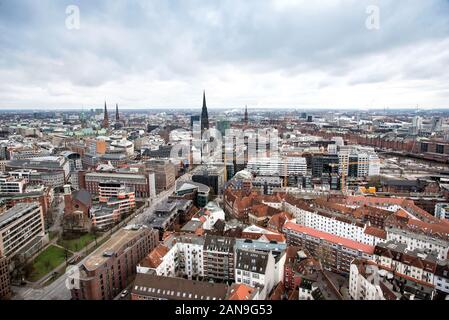 Side panorama of Hamburg, Germany, shot from drone on a cloudy day in autumn Stock Photo