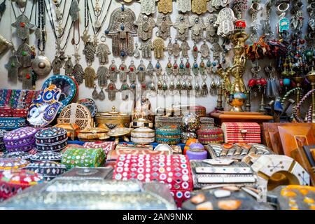 Colorful boxes sold as souvenirs on market in medina of Marrakech, Morroco Stock Photo