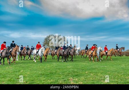 The Belvoir Hunt meeting in the Vale of Belvoir at Long Clawson, Leicestershire, England UK - The field following the hounds