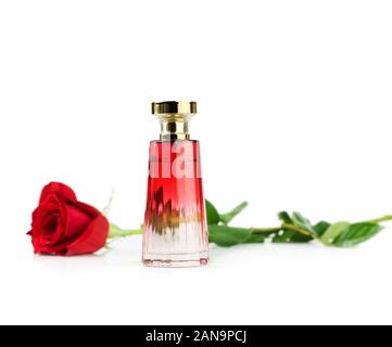 Download Transparent Bottle Of Perfume With Rose Flower On White Background Stock Photo Alamy