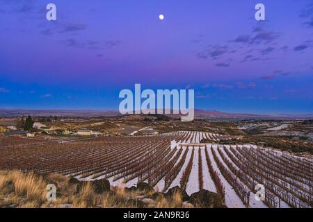 Colorful sunset over a snow covered vineyard in eastern washington with rocks and grasses in the foreground and mountains in the distance Stock Photo