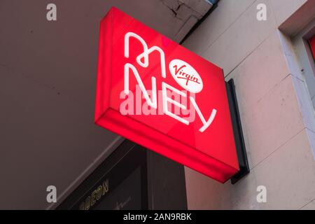 Sign at the new Virgin Money bank branch in New Street, Birmingham, West Midlands, UK Stock Photo