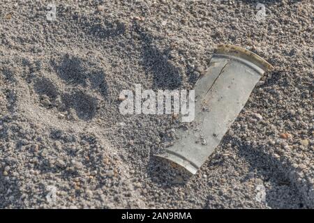 Everyday plastic item (part of plastic takeaway cup) washed up on wet sandy beach. Metaphor war on plastic, plastic rubbish, coastal plastic litter. Stock Photo