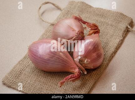 Three unpealed common shallots. Stock Photo