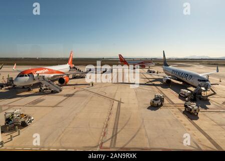 Region de Murcia International Airport, Corvera, Spain. 16th January 2020. Due to the fire at Alicante airport on the previous day many European flights are being diverted to the relatively new and normally quiet airport of Corvera near Murcia in south east Spain. A number of UK easyJet & Ryanair arrivals and departures operated from Corvera, with further flights being cancelled causing a great deal of disruption to passengers. Airlines are asking passengers to make their own 96km journey from Alicante to fly from Murcia for the diversions Stock Photo