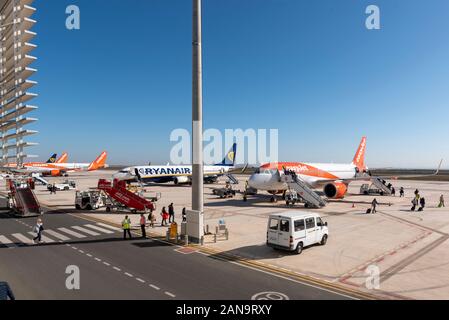 Region de Murcia International Airport, Corvera, Spain. 16th January 2020. Due to the fire at Alicante airport on the previous day many European flights are being diverted to the relatively new and normally quiet airport of Corvera near Murcia in south east Spain. A number of UK easyJet & Ryanair arrivals and departures operated from Corvera, with further flights being cancelled causing a great deal of disruption to passengers. Airlines are asking passengers to make their own 96km journey from Alicante to fly from Murcia for the diversions Stock Photo