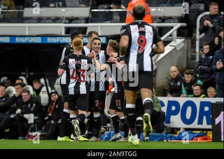 14th January 2020, St. James's Park, Newcastle, England; Emirates FA Cup, Newcastle United v Rochdale : Newcastle United players celebrate Eoghan O'Connell (6) of Rochdale's own goal Credit: Iam Burn/News Images Stock Photo