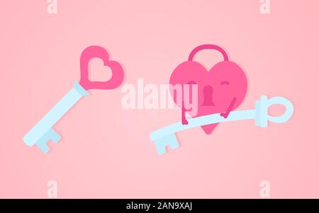 Heart lock with key vector illustration on a pink background Stock Vector