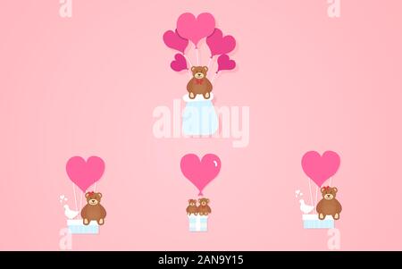 Cute teddy bears is flying on balloons vector illustration on a pink background Stock Vector