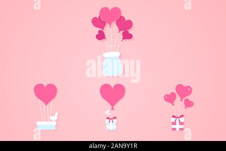 Balloons in the form of hearts, gift box vector illustration on a pink background Stock Vector