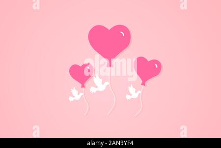 Three doves flying with heart shaped balloons vector illustration on a pink background Stock Vector