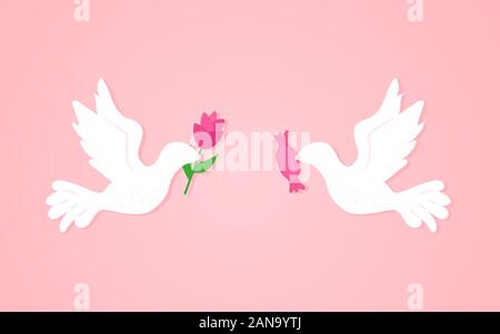 Doves with flower and candy vector illustration on a pink background Stock Vector