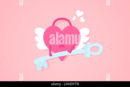 Heart with wings holds the key vector illustration on a pink background Stock Vector