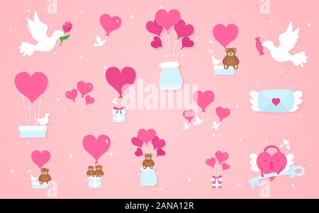 Valentine's Day elements, hearts, pigeons, teddy bears, etc. Vector illustration on a pink background Stock Vector