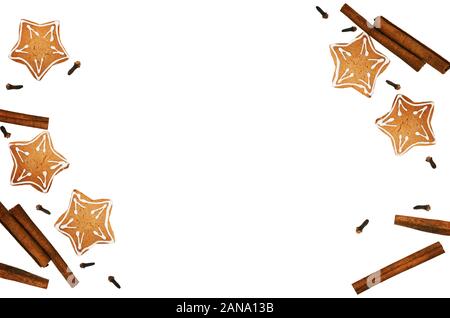 Ginger cookies and fragrant Christmas spices isolated on white  background. Top view. Flat lay. Stock Photo
