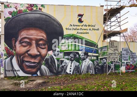 Mural of Lorel 'Roy' Hackett of Bristol Boycott fame on the end wall of a row of terraced houses on the Seven Saints of St Pauls trail in Bristol UK