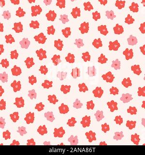Pink and Red Ditsy Allover Artistic Floral Vector Seamless Pattern. Simplistic Small Hand Drawn White Yellow Daisies, Naive Blob Abstract Blooms on Cr Stock Vector