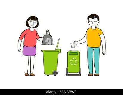 People throw trash in a garbage container. Trash recycling cartoon vector Stock Vector