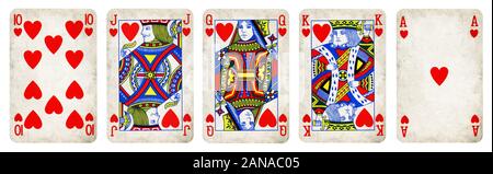 Hearts Suit Vintage Playing Cards, Set include Ace, King, Queen, Jack and Ten - isolated on white. Stock Photo