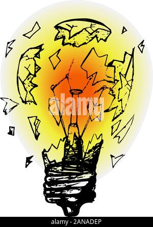 The light bulb explodes and the glass is shattered Stock Vector
