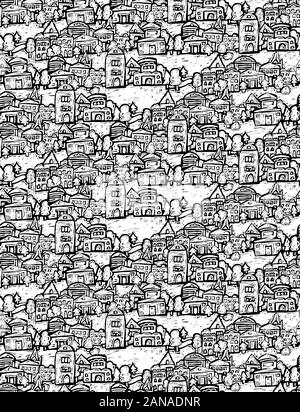 Suburb houses trees fields doodles black and white seamless pattern Stock Vector