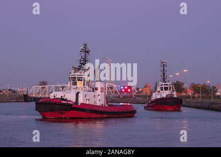 ANTWERP-SEPTEMBER 20, 2019. Tugboats during a colored sunset in Port of Antwerp. It is Europe’s second-largest seaport, after Rotterdam. Stock Photo