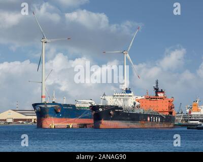 ANTWERP-AUGUST 25, 2019. Tankers anchored in Port of Antwerp. The port has a unique position at the heart of the European oil and chemical industry. Stock Photo