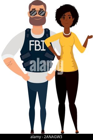 young man fbi agent with afro woman characters Stock Vector