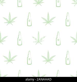 Health themed vector design with green cannabis leaves and CBD oil glass dropper bottles. Seamless geomtric line art pattern on white background Stock Vector
