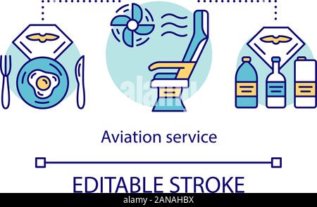 Aviation service and amenities concept icon. Flight breakfast, drinks idea thin line illustration. Airplane seat. Plane conditioning system. Vector is Stock Vector