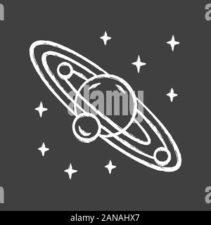 Solar system chalk icon. Celestial bodies orbiting star. Sun planetary system. Planet and three satellites. Astronomy, astrophysics. Space exploration Stock Vector
