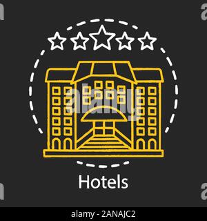 Hotels chalk icon. Guesthouse, hostel. Architecture construction.Vacation, holidays stay in hotel. Traveler and tourist accommodation, apartment, mote Stock Vector