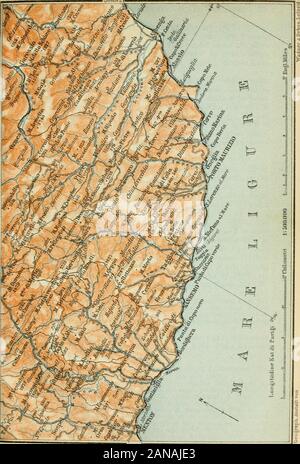 Italy : handbook for travellers . g light best). — Tothe top of the (2 hrs.) ^Afonte Pisciavino (1960 ft.; wide view), either by theroad to the N. via Solva, or by the mule-path to the N.W., leading throughgroves of olives and carob-trees, to Vegliasco (1280 ft.). The descent maybe made via the Monte Bignone (1705 ft.) to Albenga (p. 97). — Via Vegliasco,or to the W. via Moglio, to the top of the Monte Tiratso (1920 ft.), onwhich is the pilgrimage-cliapel of Madonna delta Guardia. 58 M. Laigueglia, with narrow streets, was bombarded by theBritish fleet in 1812. — The train penetrates the Ca^po Stock Photo