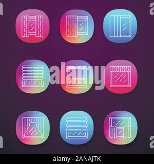Window shutters app icons set. Roller, roman shades, panel, swags, valance. Motorized jalousie. Home interior shop. UI/UX user interface. Web or mobil Stock Vector